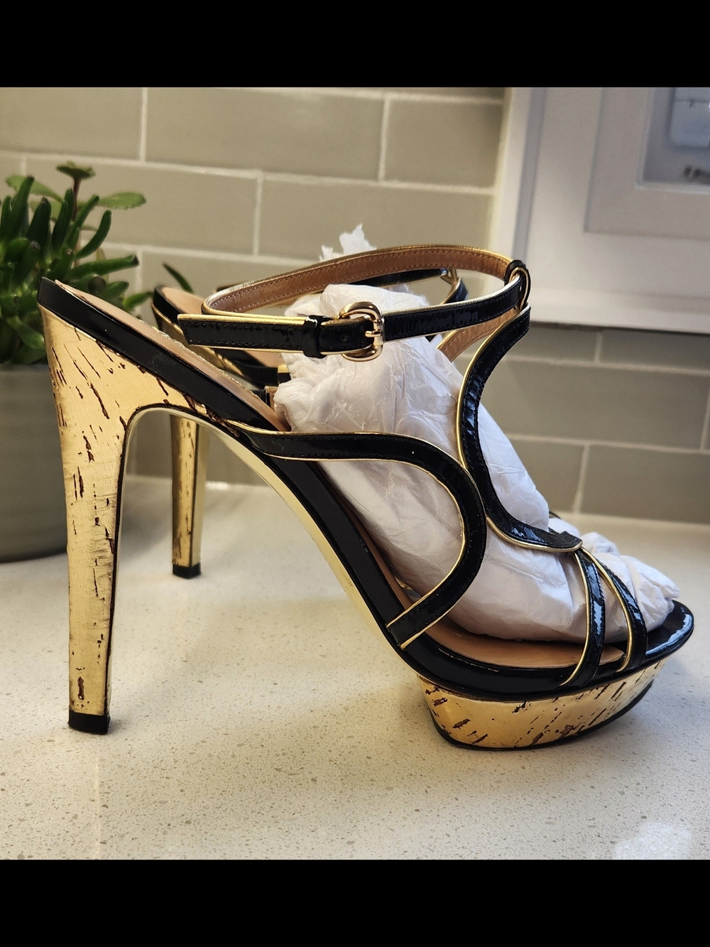 Marcinao By GUESS// Black Patent Strappy Heels with Gold Trim